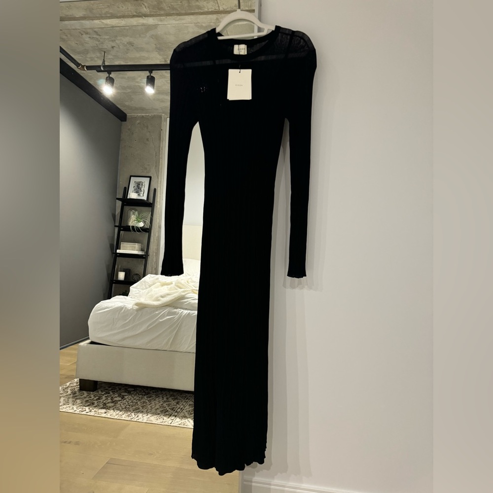 NWT DISSH ribbed sheer black long sleeve dress with slip